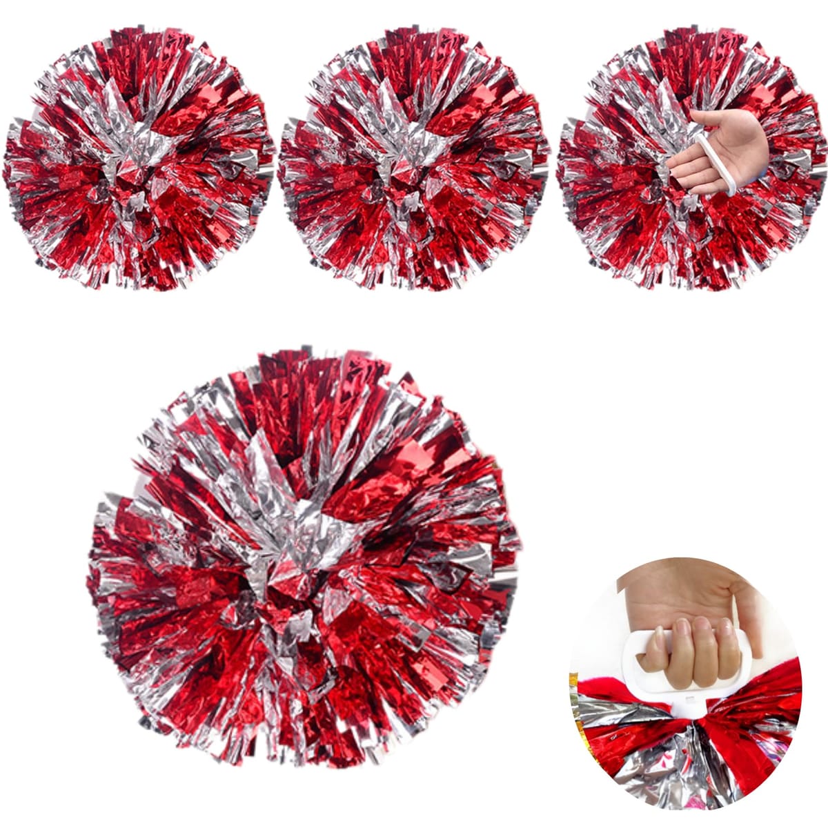 カラー：ゴールド、シルバー　混合で目立つ！推しカラーにも商品詳細：品内容：本体4セット　 サイズ：横32cm,縦28cm・材質：高品質PET（メタリックフィルム）・持ち手：4本指の樹脂グリップで指が痛くなりにくく応援側も最後まで全力チアダンス！ ・運動会・文化祭・部活・サークル活動で大活躍する、華やかなチア ポンポンセット！ ・鮮やかなメタリックカラーが遠くからでも目立ち、応援に一体感とインパクトをプラスします。 ・ポンポンを軽く広げるだけで、ふんわりとしたボリューム感に。 ・応援時やダンスの振付に合わせて自由に使えます。運動会の応援合戦や文化祭ステージで映えるアイテムです。