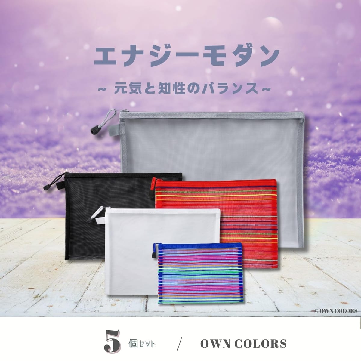 Web shop 8tailの【OWN COLORS】メッシュポーチ 5点セット・エナジーモダン/通気性・軽量・洗濯OK / A4～B6サイズ収納 / 小物整理・旅行・通勤・学校・ギフト対応｜アングル3