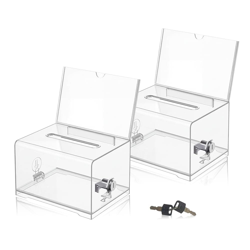 Coin Banks - 《中身が見えて管理しやすい》 AZNABLE 募金箱 鍵付きアクリルボックス 2個セット 透明 貯金箱 投票箱 意見箱 カードスタンド付き 店舗 オフィス イベント向け