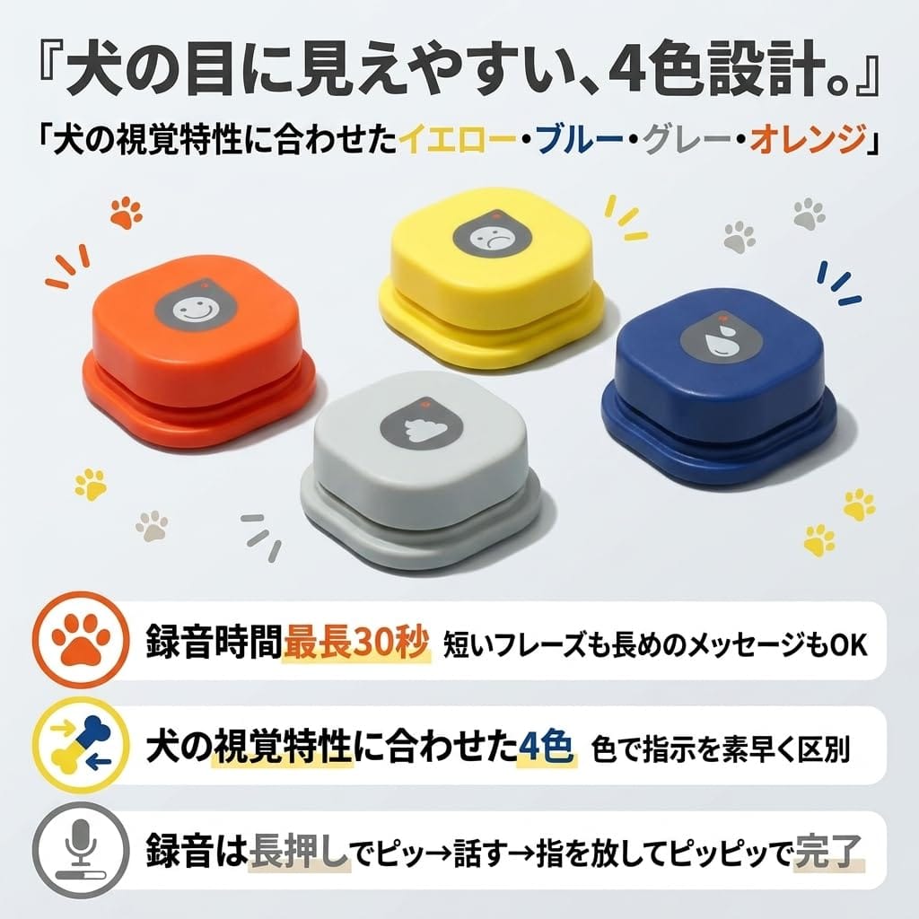 Web shop 8tailのMORASTYLE 犬 録音ボタン 会話ボタン 4色セット ペット トレーニング しつけ コミュニケーション 最長30秒 ABS樹脂 軽量 小型犬 シニア犬 単3電池式｜アングル3