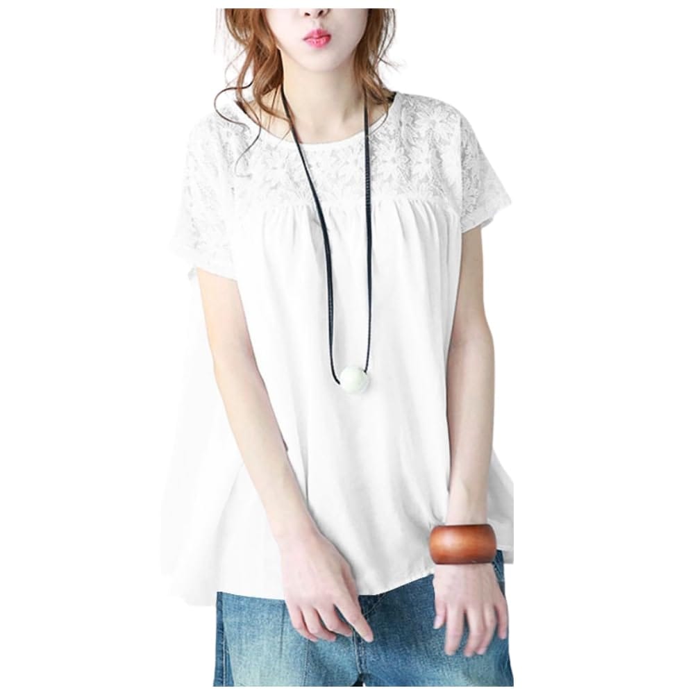 [AQUA Marine] レースTシャツ チュニック レディース 半袖 ゆったり トップス Aライン 大人女子 きれいめ カジュアルコーデ 春夏 20代 30代 40代 白 黒