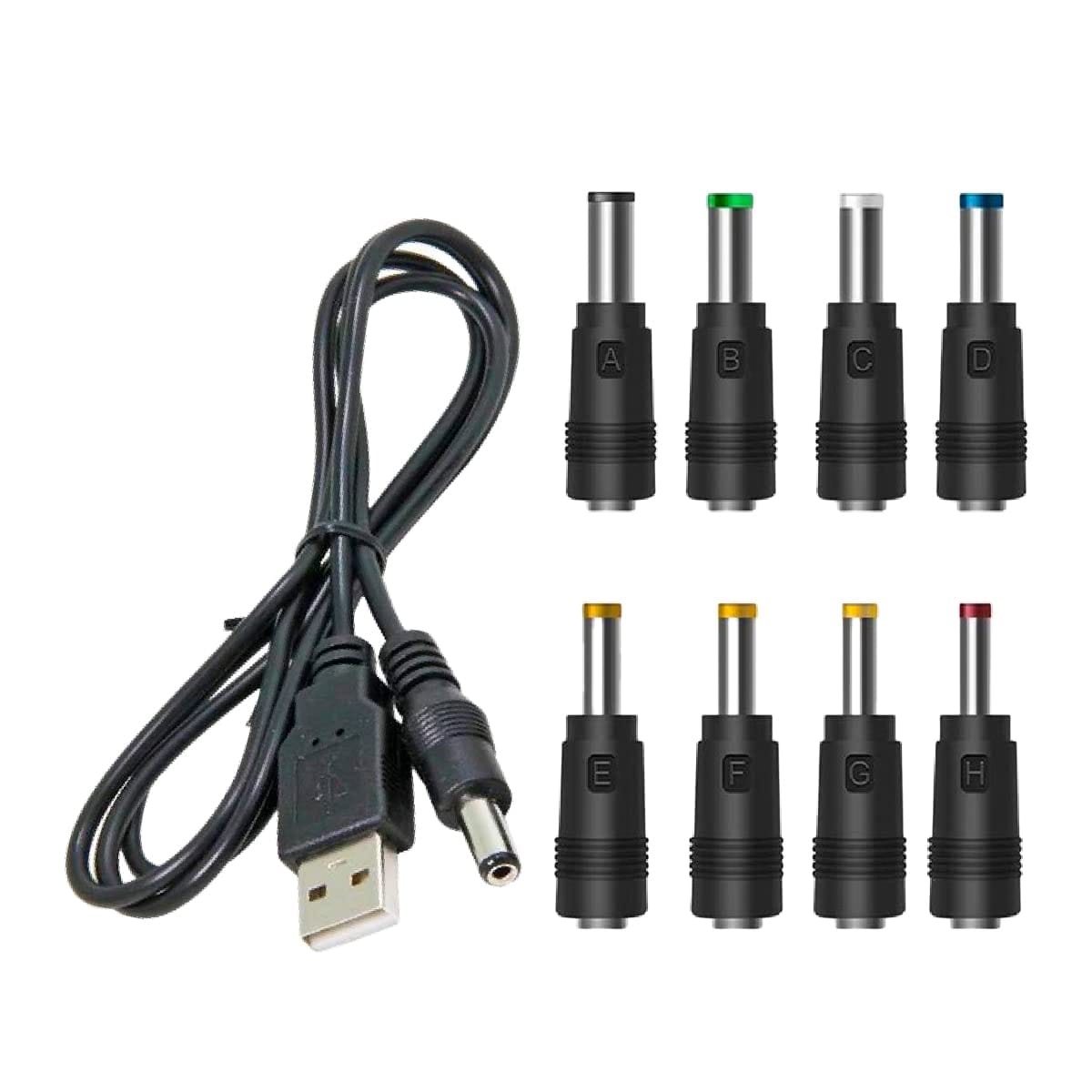 USB 電源ケーブル 変換プラグ付き DC充電コード 5.5x2.1mm 1mコネクタアダプタ (1本+8変換プラグ) 黒