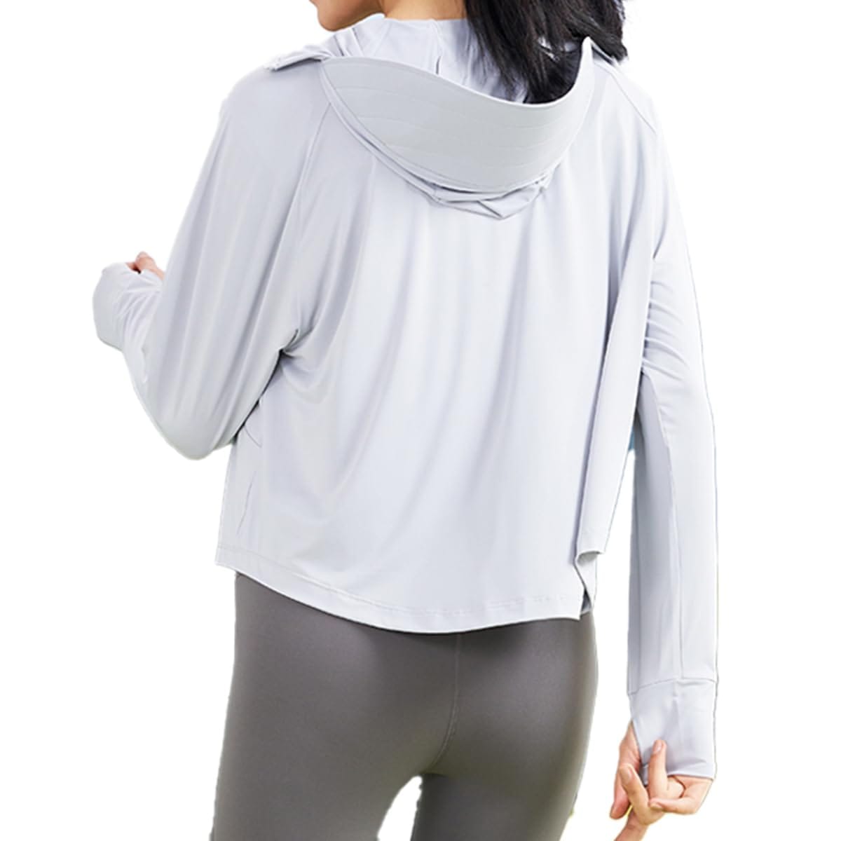 [MORE AUNI] ラッシュガード レディース 日焼け止め UVカット UPF50+ 長袖 ショート丈 パーカー 体型カバー ポンチョ風 つば付き 指穴付き 顔保護 接触冷感 薄手 アウトドア J20031