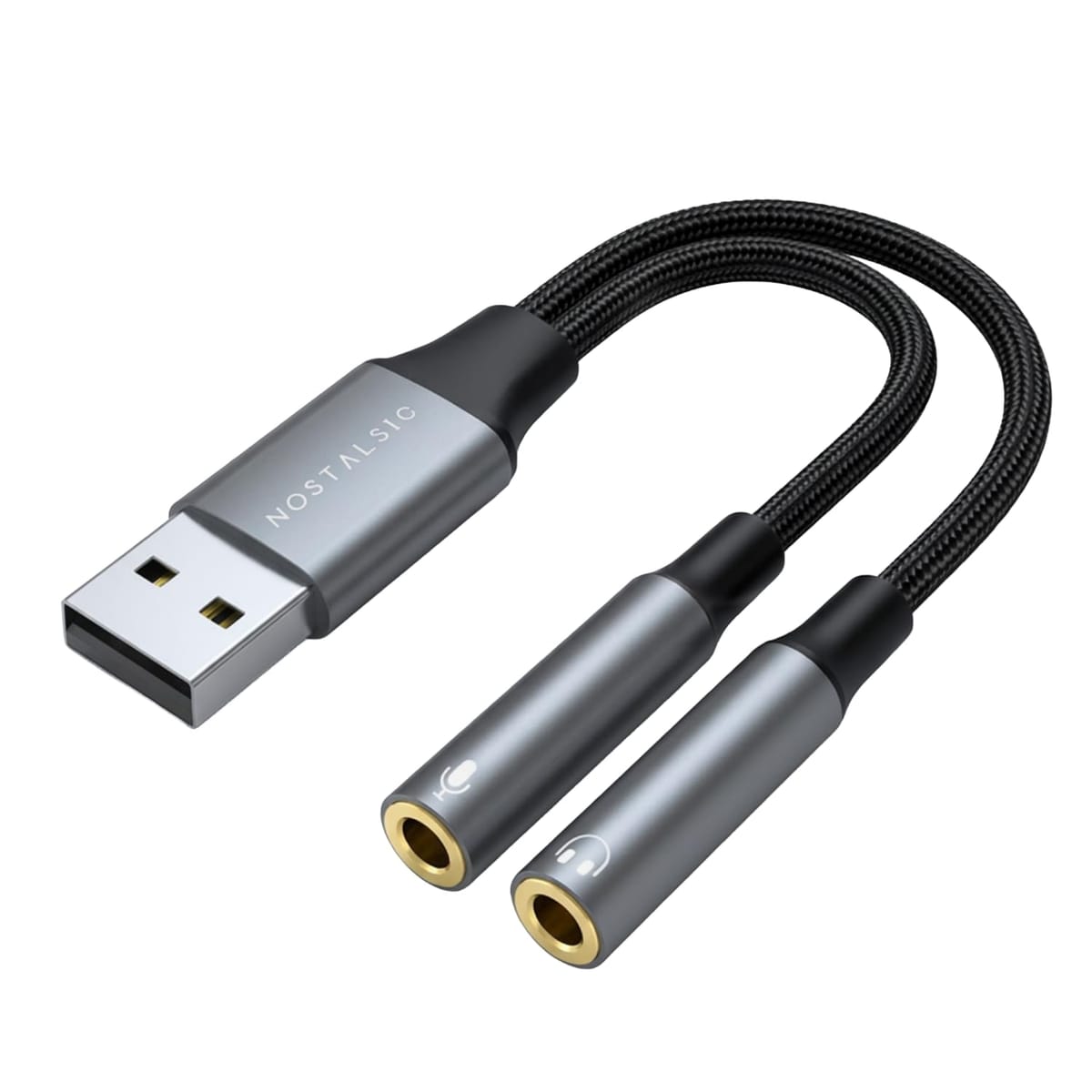 【USBオーディオ変換アダプター】 USBポートを3.5mmの「音声出力」と「マイク入力」に変換するアダプターです。お手持ちのオーディオ機器を、USBポートを備えた各種デバイスに接続できます。マイク入力端子は3極φ3.5mmに対応し、イヤホン出力端子は3極と4極φ3.5mmに対応しています。※マイク入力端子側では4極φ3.5mmに対応しておりませんのでご注意ください。 ※本製品はUSBポートからオーディオへの変換を行うためのものです。ノイズ軽減を目的とする場合は別途ノイズフィルタをご用意ください。【最大24bit/96kHzのオーディオ再生】音声出力では24bit/96KHzのHi-Fiオーデイオ出力、100dB以上のS/N比のクリアで臨場感あふれる音質を提供します。音声入力も16bit/48KHzをサポートし、鮮明な通話や録音が可能です【幅広い互換性】Windows、Mac OS、PS4、PS5、Linux、Chromebookなど、USB-Aポートを備えたさまざまなデバイスで利用可能。ドライバのインストールは不要で、差し込むだけですぐに使用できます。【隣のポートと干渉しないスリム設計】実用性を重視し、多くのユーザーが悩む「隣のUSBポートを塞いでしまう」問題を解消しました。マウスやUSBメモリなど、他の周辺機器を同時に接続しても干渉しにくい設計です。【優れた耐久性】多重シールド構造: 内部の信号線を多重シールドで保護し、外部からの電磁ノイズ干渉を抑えます。高耐久素材: ケーブル部には摩擦に強いナイロン編みを採用。アルミ合金製の筐体は放熱性に優れ、衝撃から内部基板を守ります。 USB-A ⇔ 3.5mm3極(TRS)ジャック ×2 オーディオ変換ケーブル。パソコンやゲーム機のUSBポートを、イヤホン（出力）とマイク（入力）の2つの専用ジャックに変換するオーディオアダプターです。内蔵のDACチップにより、PC内部のノイズを抑え、安定した音質環境を提供します。差し込むだけで自動認識されるため、難しい設定なしですぐにご使用いただけます。