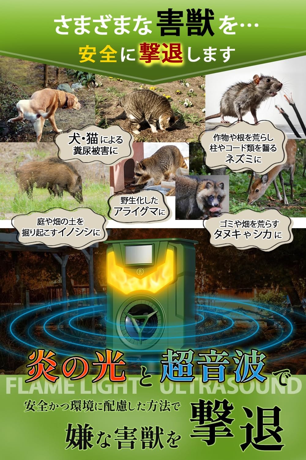 ISOTRONIC 猫よけ ねずみ イノシシ 鳥 カラスなどの動物 対策 超音波 動物撃退器 ...