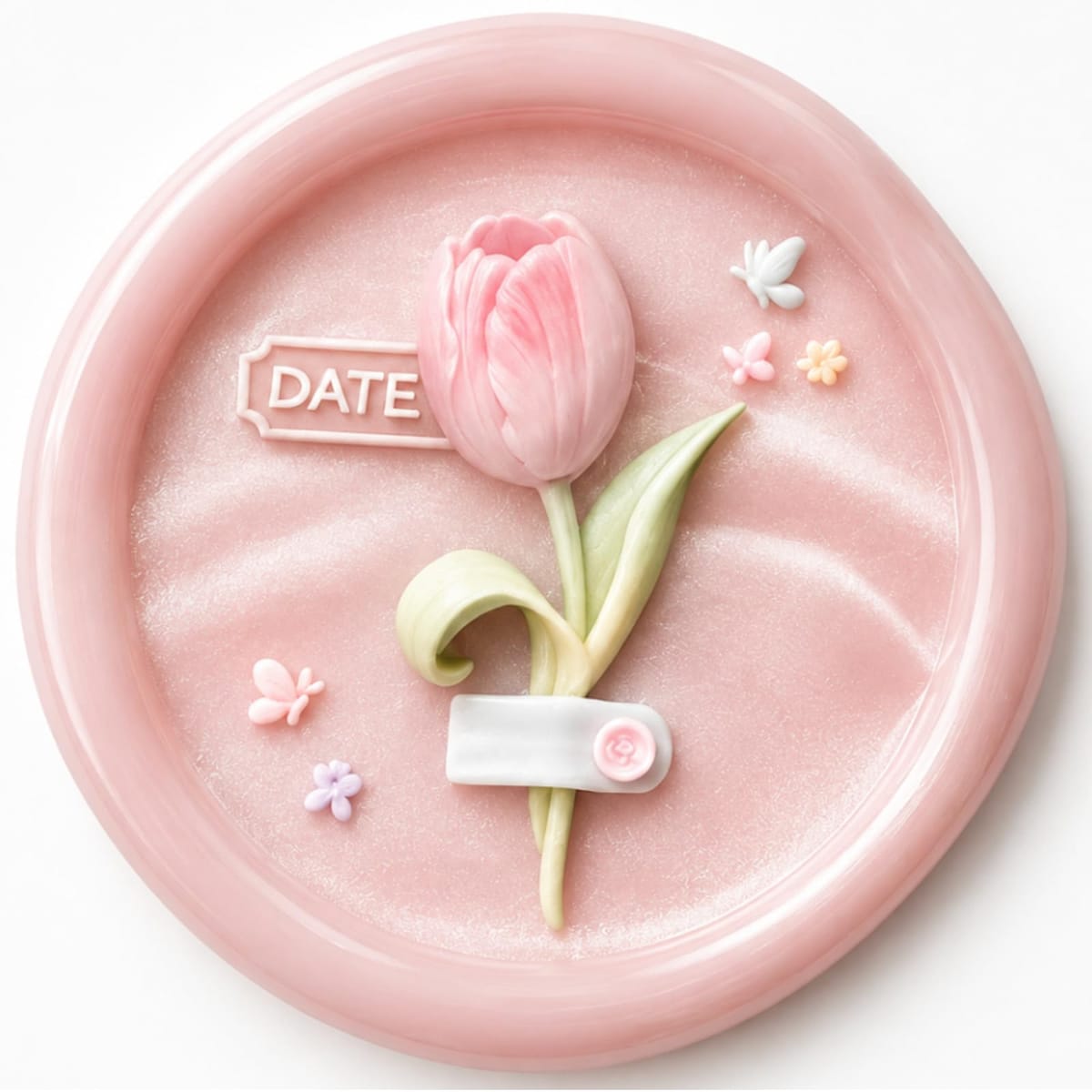 直径25mmの円形シーリングスタンプヘッド。チューリップ、蝶、小花、ボタン風モチーフ、DATEプレートを組み合わせたデザインチューリップの花弁や葉の筋、蝶などを繊細に表現。適量のシーリングワックスへ均等に押すことで細かなモチーフの印影を楽しめる結婚式の招待状、席札、記念日の手紙、ギフトラッピング、母の日、コラージュ、手帳デコ、ハンドメイドなどの封蝋装飾にワックスを十分に溶かし25mmの印面が収まる量へ垂直に押して使用。固まってからゆっくり外すことで繊細な模様を仕上げやすい一輪のチューリップと蝶が彩る春らしい世界観。誕生日や記念日の贈り物、花を好む方のスタンプコレクションにもおすすめ 一輪のチューリップに、大切な日の記憶を結んで。 可憐なチューリップを主役に、ボタン留めを思わせる帯や蝶、小花、DATEのプレートを組み合わせた25mmのシーリングスタンプヘッドです。春の訪れを感じさせる花の美しさと、手紙や記念日のような物語性を一つの印面に凝縮。大切な方へ届ける招待状やギフト、ハンドメイド作品に、やさしく印象的な封蝋を添えられます。 この商品が選ばれる理由 印面の中心には、ふっくらとした花弁を持つ一輪のチューリップを大胆に配置。茎から伸びる葉には流れるような曲線があり、花弁にも細かな筋が表現されています。茎を包むように配置された帯と丸いボタン風モチーフがアクセントとなり、一般的なフラワーモチーフとは異なる個性的な構図を楽しめます。 チューリップを彩る小さな物語 主役となる花だけでなく、周囲には蝶や小花を思わせる小さなモチーフを配置。さらにDATEと記されたプレートが加わり、春の一日や記念日を切り取ったような世界観を演出します。花、蝶、手紙を思わせる要素が調和し、かわいらしさの中にも上品さを感じられるデザインです。 ウェディングや記念日の招待状に チューリップは春のウェディングやフラワーをテーマにしたペーパーアイテムとも合わせやすいモチーフです。結婚式の招待状、席札、サンキューカード、案内状、プチギフトなどの封蝋装飾に。DATEのモチーフを生かし、大切な日をイメージした作品づくりにも取り入れられます。 ギフトや大切な手紙を華やかに 誕生日、記念日、母の日などのギフトラッピングやメッセージカードにも。花束を贈るような気持ちで、手紙やプレゼントにチューリップの封蝋を添えられます。市販のラッピングにひと手間加えたいときや、手仕事ならではの温もりを演出したい場面にも活躍します。 ハンドメイドやコラージュにも 封筒だけでなく、手帳デコ、コラージュ、スクラップブッキング、作品タグ、ショップカード、ハンドメイド作品などにも活用できます。春、花、植物、蝶、記念日などをテーマにした作品のアクセントとして、シーリングスタンプならではの立体的な表現を楽しめます。 繊細な印影をきれいに仕上げるポイント チューリップの花弁や葉、小さな蝶などの模様を表現するには、シーリングワックスを十分に溶かし、25mmの印面全体が収まる量を流してからスタンプを垂直に押してください。ワックスが少なすぎたり十分に溶けていなかったりすると、細かな部分が出にくくなる場合があります。 ワックスが剥がれにくいときは スタンプを押した後はすぐに動かさず、シーリングワックスが固まるまで待ちます。まだ柔らかい状態で外すと、花弁や蝶などの細かな模様が崩れる場合があります。十分に固まったことを確認してから、印面を大きく傾けずゆっくり外してください。 カラーによって変わるチューリップの表情 ピンクやアイボリーなどの淡色なら春らしく可憐な印象に、グリーンなら植物を感じさせるナチュラルな雰囲気に。ゴールドやブロンズなどを合わせればアンティーク調にも仕上げられます。使用するシーリングワックスを変えながら、作品や季節に合わせたカラー表現を楽しめます。 製品仕様 商品種別：シーリングスタンプヘッド デザイン：チューリップボタン留め モチーフ：チューリップ、蝶、小花、ボタン風モチーフ、DATEプレート サイズ：25mm 形状：円形 セット内容：シーリングスタンプヘッド 1個 使用上の注意 本品はシーリングスタンプヘッドです。シーリングワックスを加熱する際は、火や熱源、加熱したスプーン、溶融したワックスによるやけどや火災に十分注意してください。使用後にワックスが印面へ残った場合は、細かな模様を傷つけないよう丁寧にお手入れしてください。画像の色合いは撮影環境や閲覧環境によって実物と異なって見える場合があります。