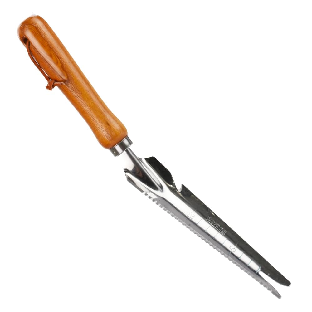 草取りフォーク スコップ 目盛り付き 植え替え 鉢寄せ 除草 移植 土起こし 木製ハンドル ストラップ穴