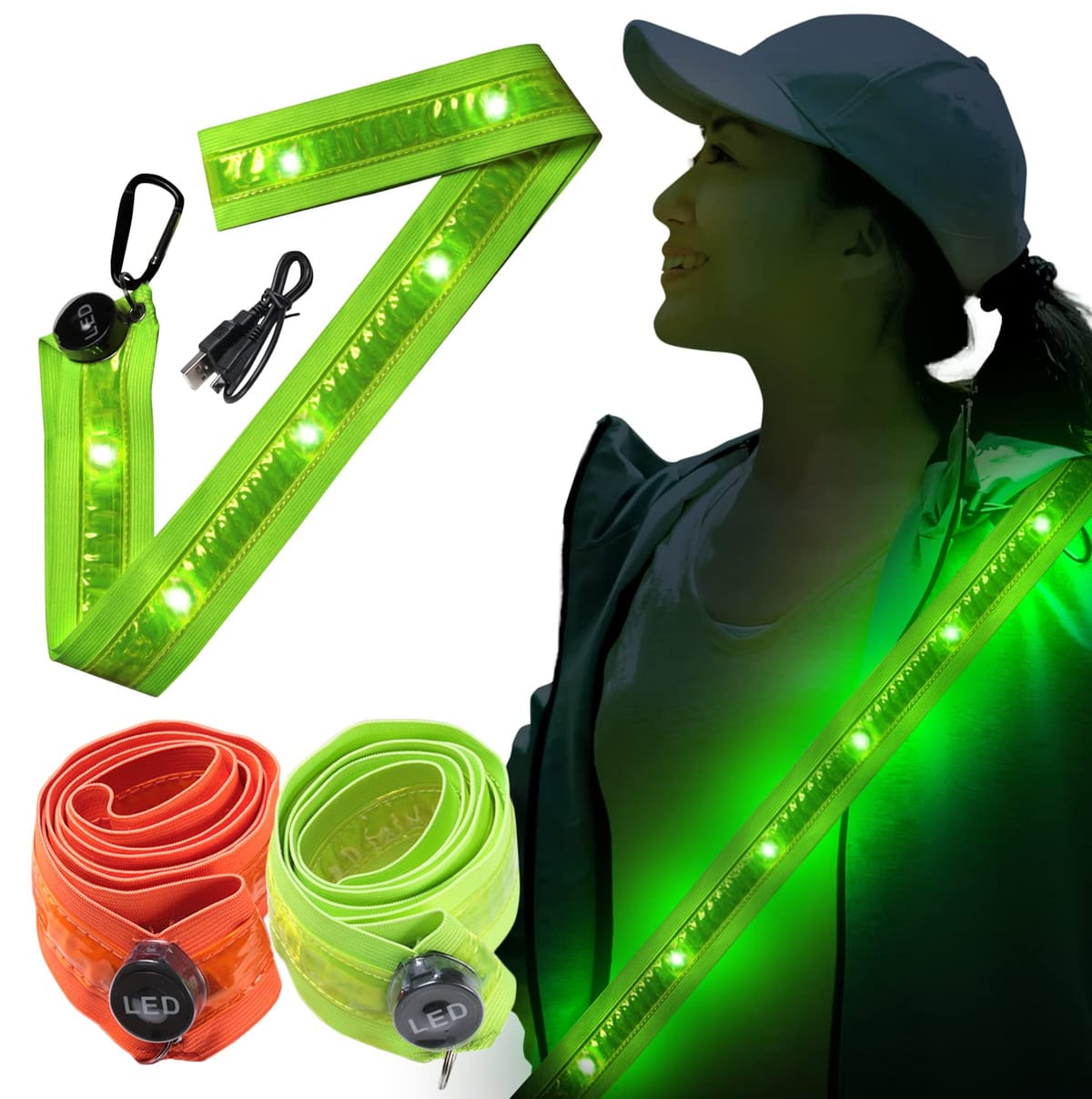 〔LINO PLANET〕 ランニング ライト LED ベルト 反射板 夜間安全 USB充電 充電式 たすき 反射バンド セーフティー用品 発光 蛍光 自転車 ウォーキング