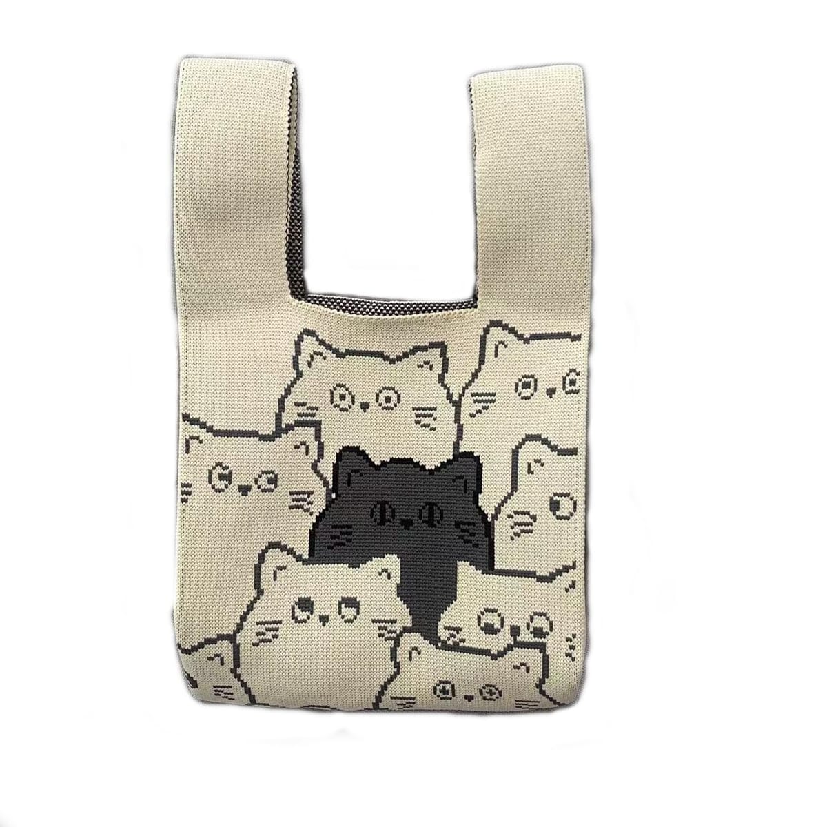 [Benefits　Children　子供たちの未来に幸福を] ニットバッグ ミニ 手提げ エコバッグ 猫柄 ベージュ