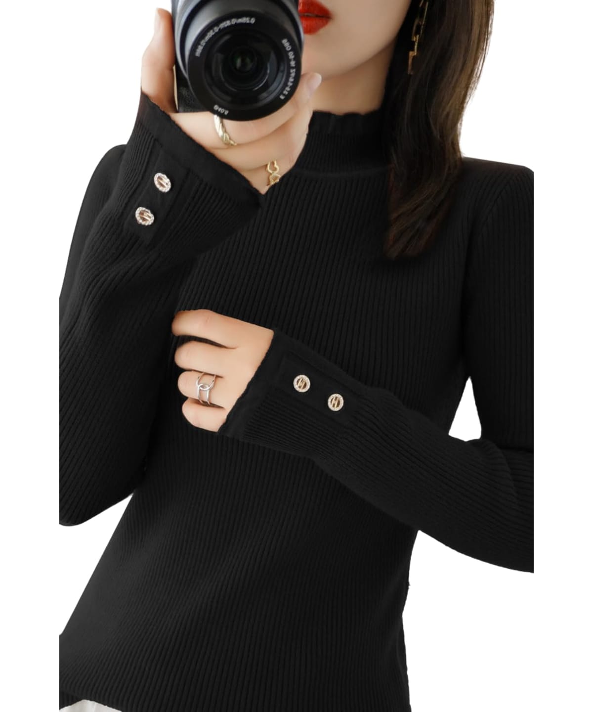 [Dep Club] 手元首元可愛さUP ハイネックニット レディース タイト 細身な方向け 長袖 フリル トップス..