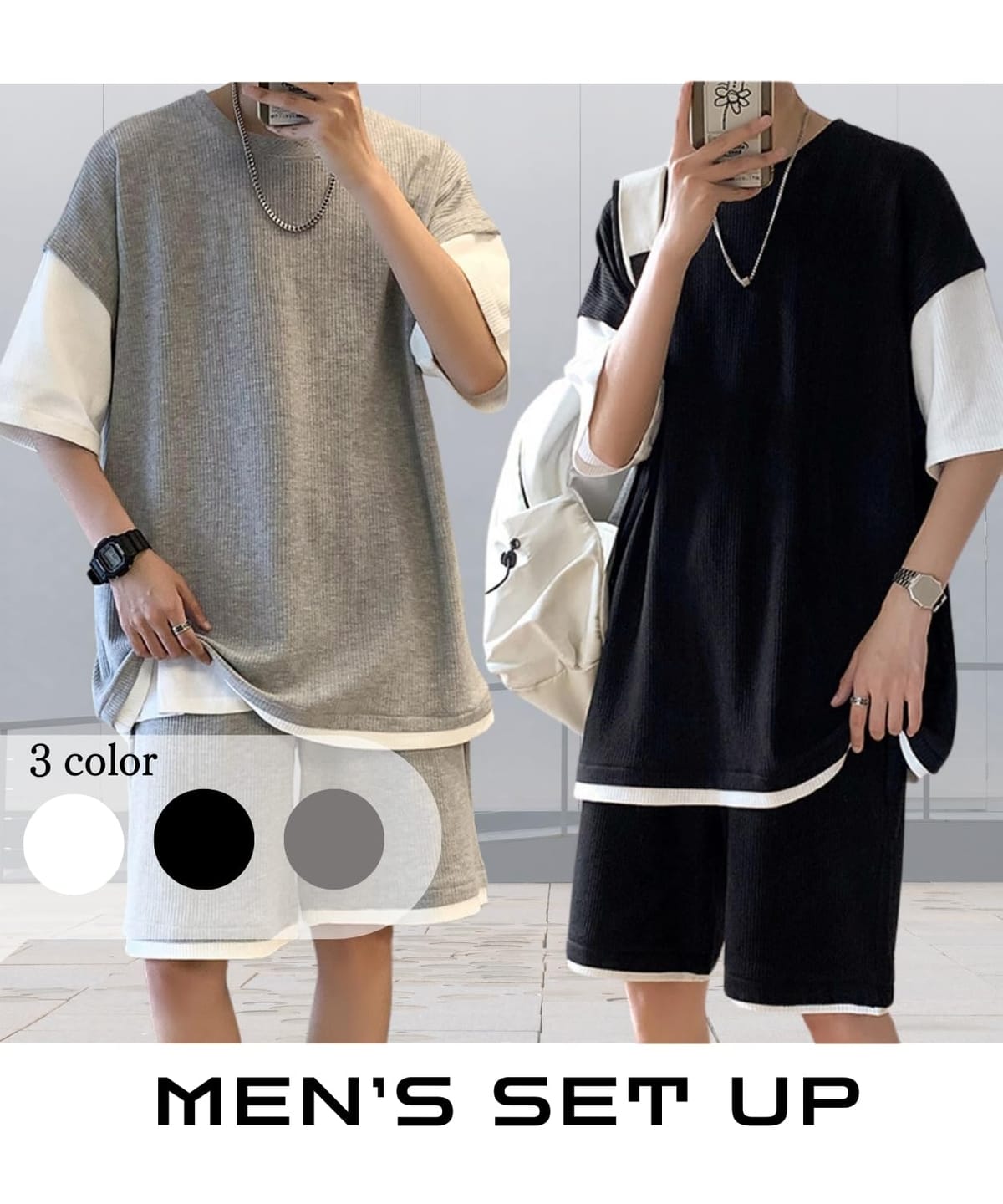 [Elixio] [エリクシオ] メンズ スウェット Tシャツ ハーフパンツ セットアップ 上下 無地 シンプル 大きいサイズ 涼しい ゆったり ジャージ 上下セット 部屋着 短パン スポーツウェア
