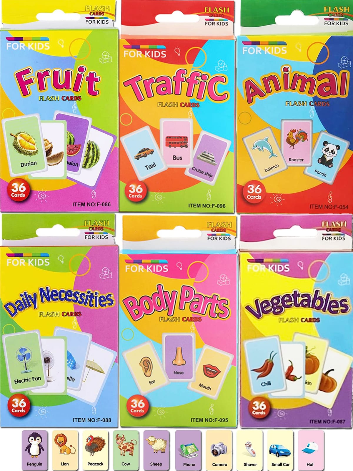 Femtos フラッシュカード 英単語 6種セット(216枚) 基礎英単語 英語フラッシュカード(動物, 果物, 野菜, 日用品, 乗り物, 体の部位) 幼児 プリスクール 小学生 モンテッソーリ 幼児教育 幼児英語