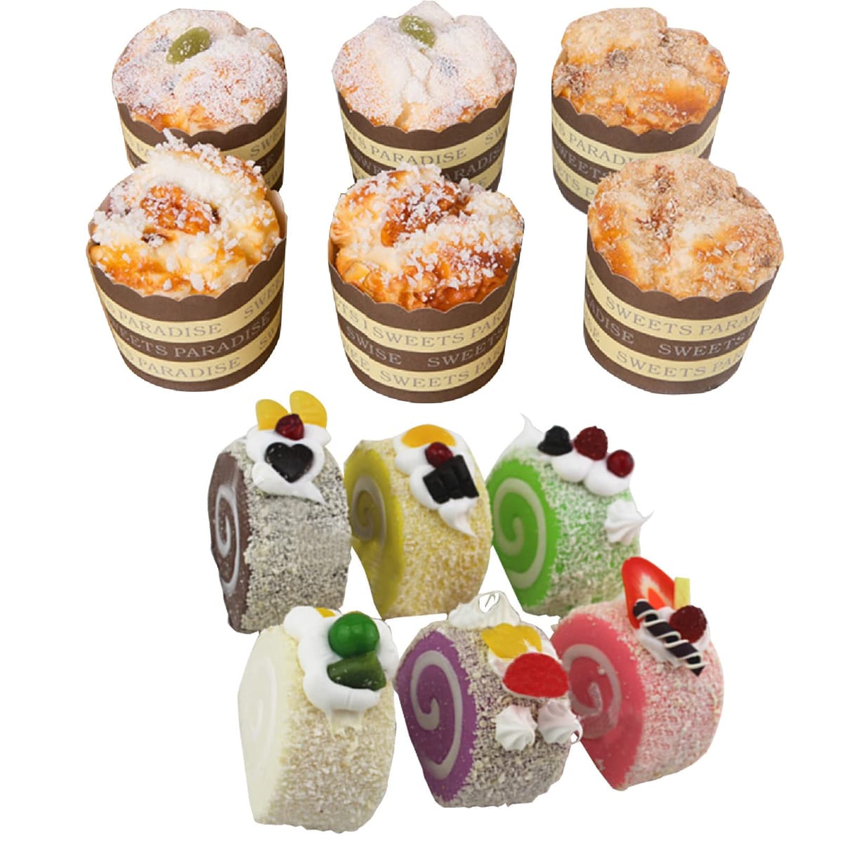 Famimueno カップケーキ ロールケーキ スイーツ 食品サンプル 模型 リアル ディスプレイ (マルチカラー/カップケーキ6個+ロールケーキ6個)