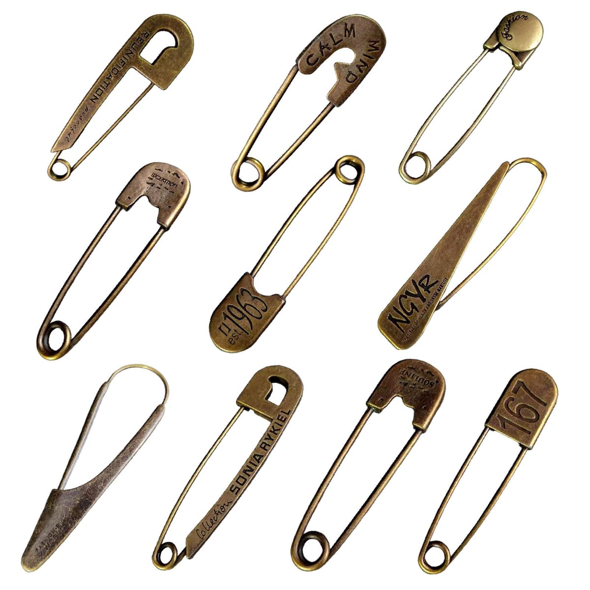 Saki＆Masa ビンテージ ランドリーピン イブシスター 燻し加工 安全ピン アンティーク風 大型 什器 インテリア アメリカン雑貨 レトロ 10種セット