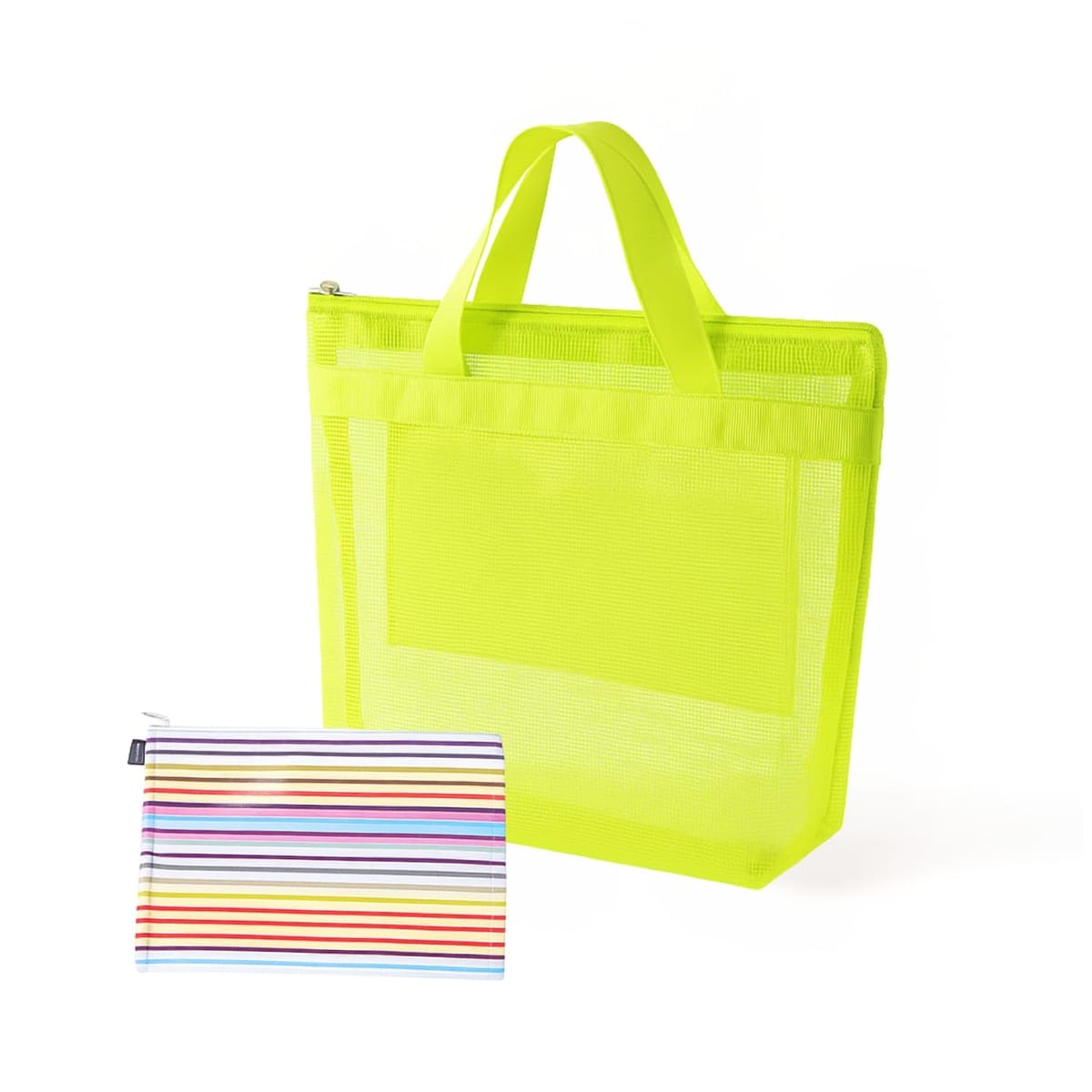 [OWN COLORS] メッシュトート＆ストライプポーチ 2点セット レモンシャーベット／ジムやお出かけに映え..