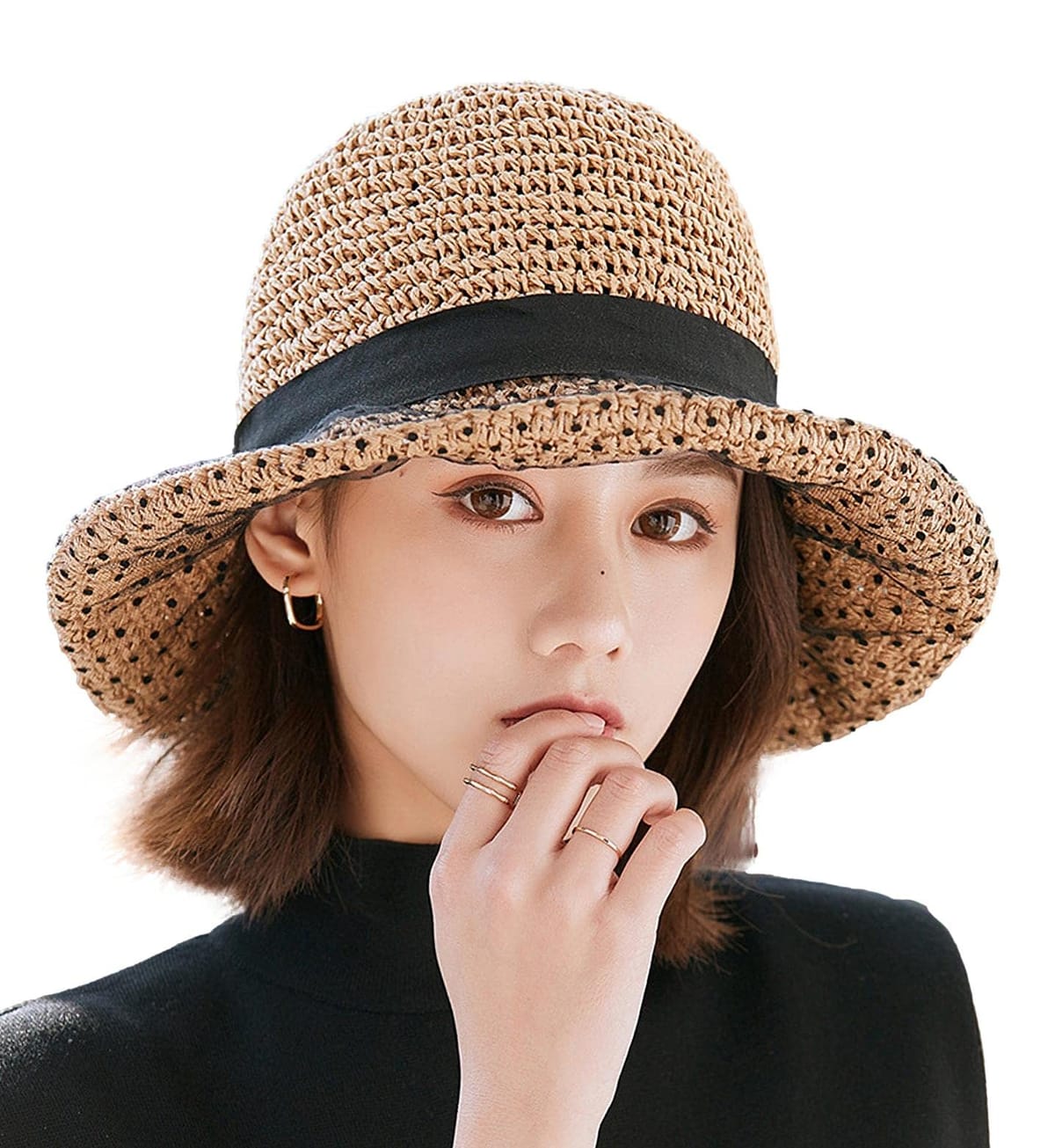 [kanaelun] [カナエルン] 麦わら レース ドット 帽子 ハット レディース 無地 編み込み マクラメ ベーシック フリーサイズ