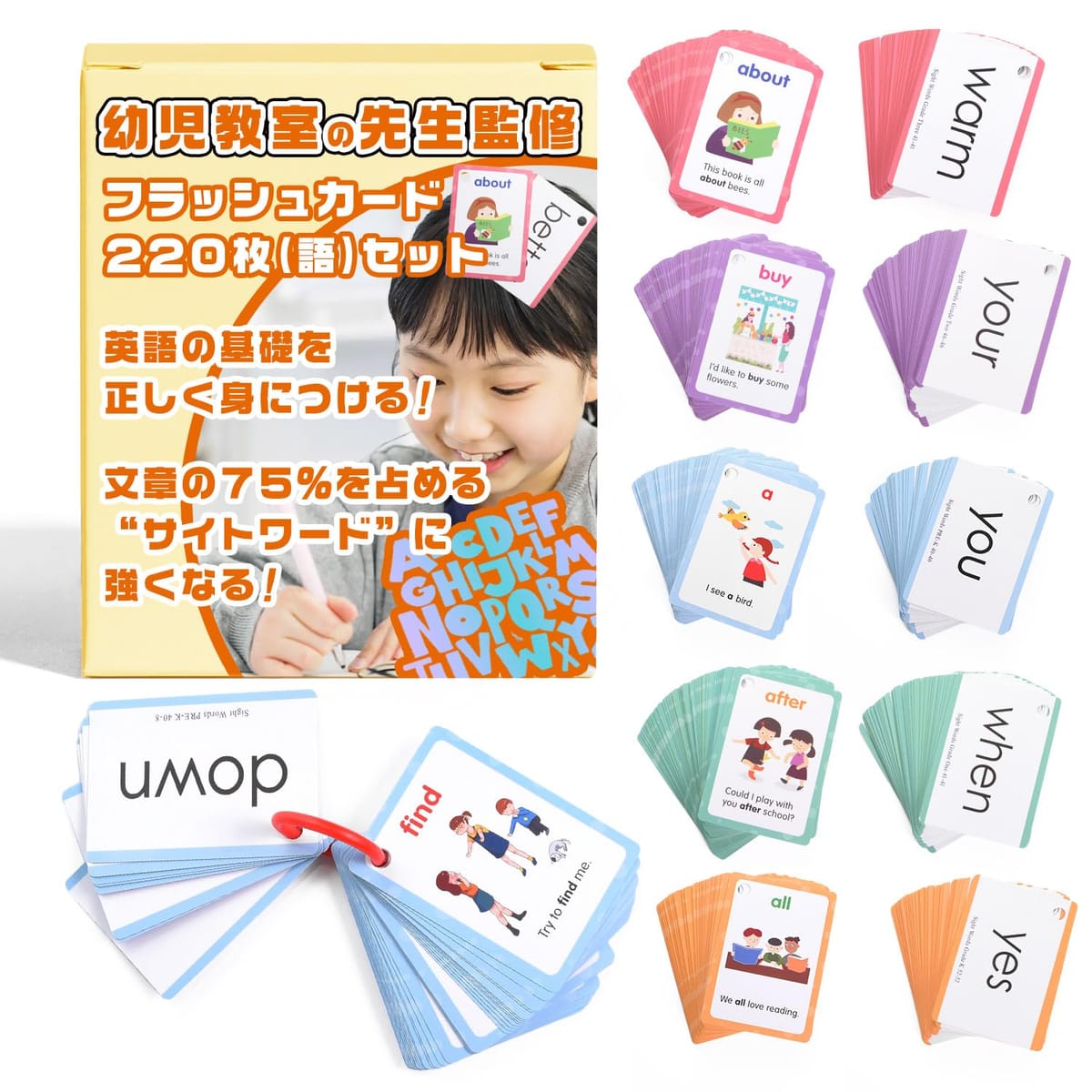 フラッシュカード サイトワード 220枚(語)【幼児教室の先生監修】[ドルチワードリストに基づいた220語と使い方を収録x文章の75％を占めるサイトワードに強くなる] [Rocky-Cookie]