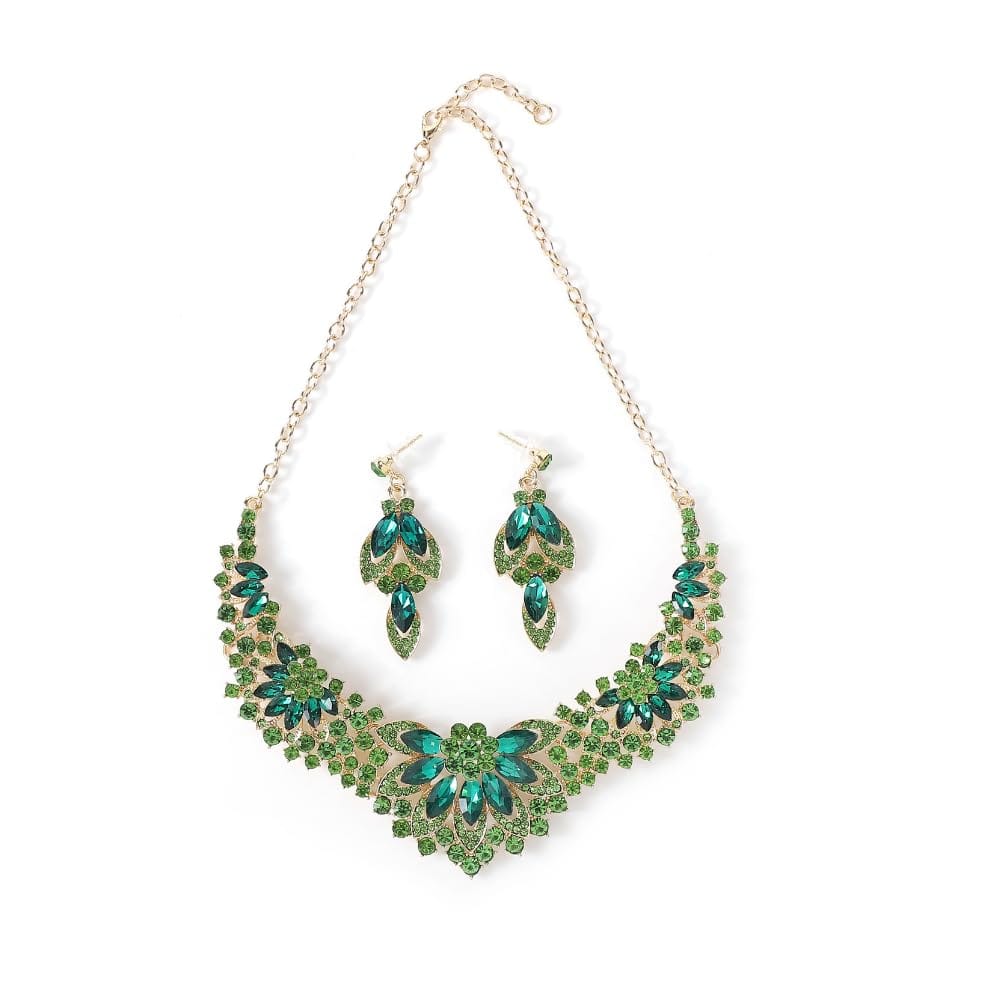 Rhinestone - [KK　Solis] フラワーモチーフ ゴージャスネックレス＆イヤリング/ピアスセット大ぶり 豪華 高見えビジューアクセサリー 結婚式 二次会 パーティー 演奏会 発表会 舞台映え ドレスアップ (ピアスセット, グリーン)