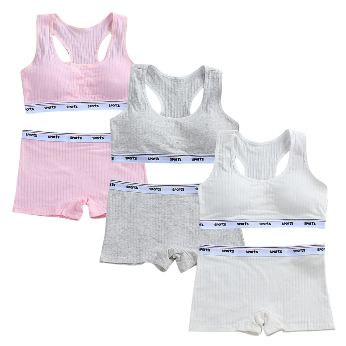 [FARFADET] ガールズ ブラ リブ 上下セット ボクサー パンツ ハーフトップ セットアップ ジュニア カップ付き インナー 3色組 ボクサーパンツ