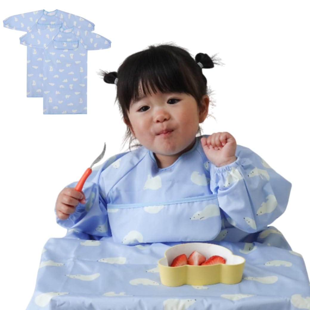 [Peopensee] [シワありB品2枚セット] お食事エプロン 赤ちゃん 食べこぼし 長袖 【食べこぼし、怖くない！掃除いらずでラクチン】テーブルクロス一体型エプロン 離乳食 ベビー BLW 手づかみ食べ 撥水 調節可能 洗濯機OK 保育士推奨