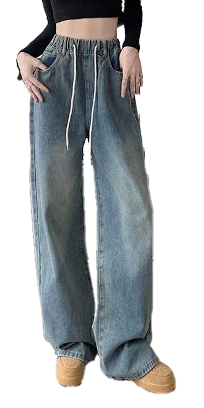 [WesRiva] アーバンクラウド デニム ルーズ ワイド ボトムス ズボン レディース ウエスト ゴム 紐 シンプル 無地 カジュアル 韓国風 韓流