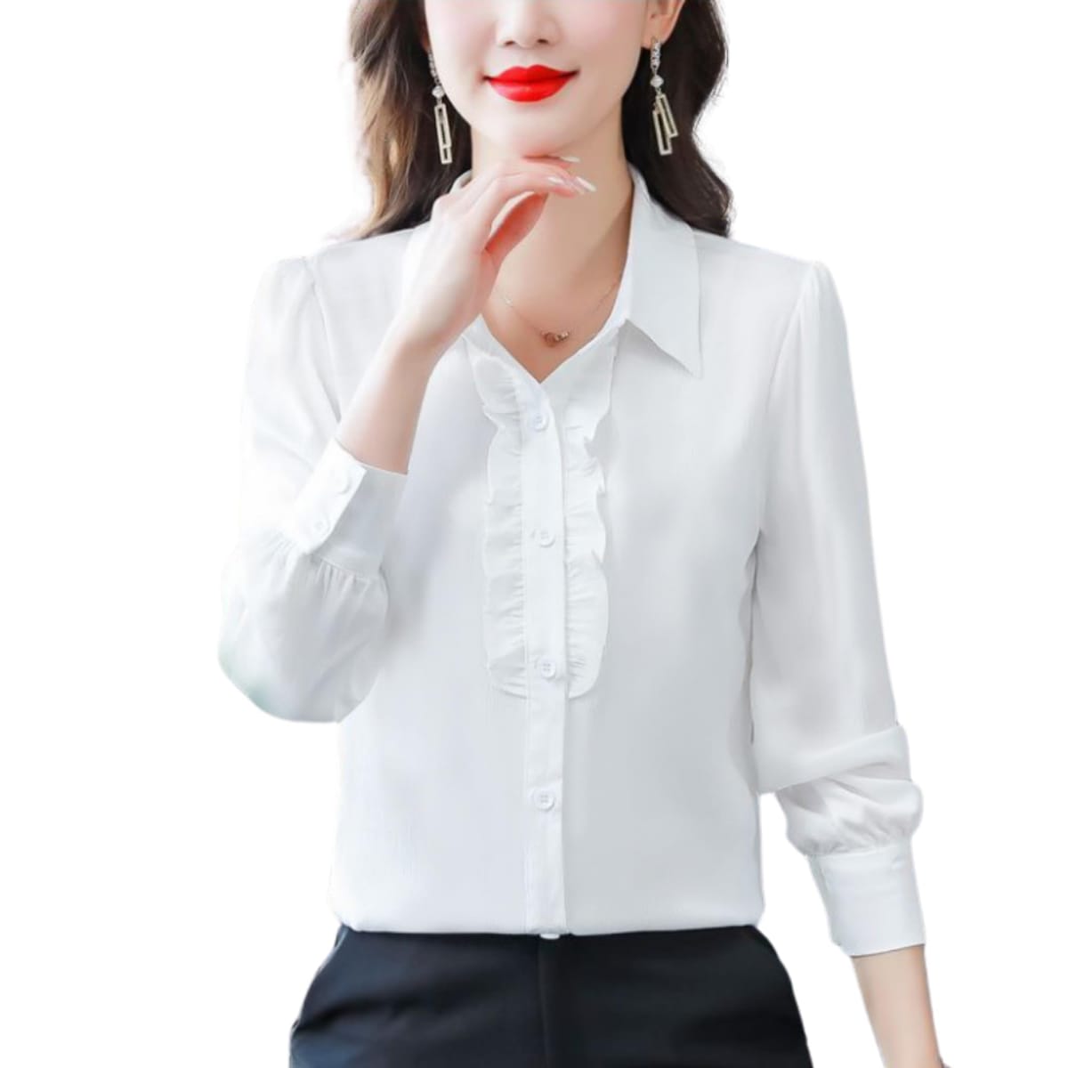 [ALVEIN] シャツ ブラウス レディース フリル 事務服 制服 トップス ストレッチ 長袖 オフィス 大きいサイズ