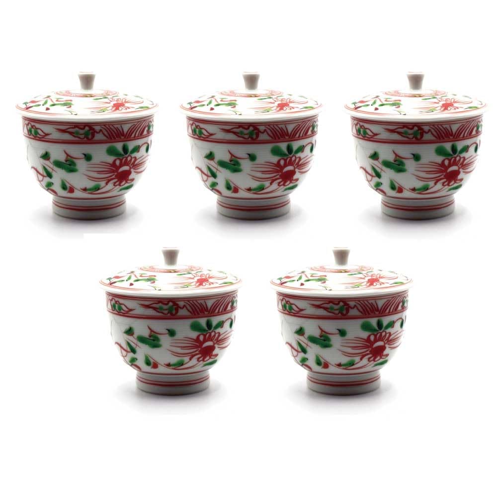 蓋付汲出揃 湯呑み 赤絵 5客セット 日本製 (径7.8cm高さ6.5cm)