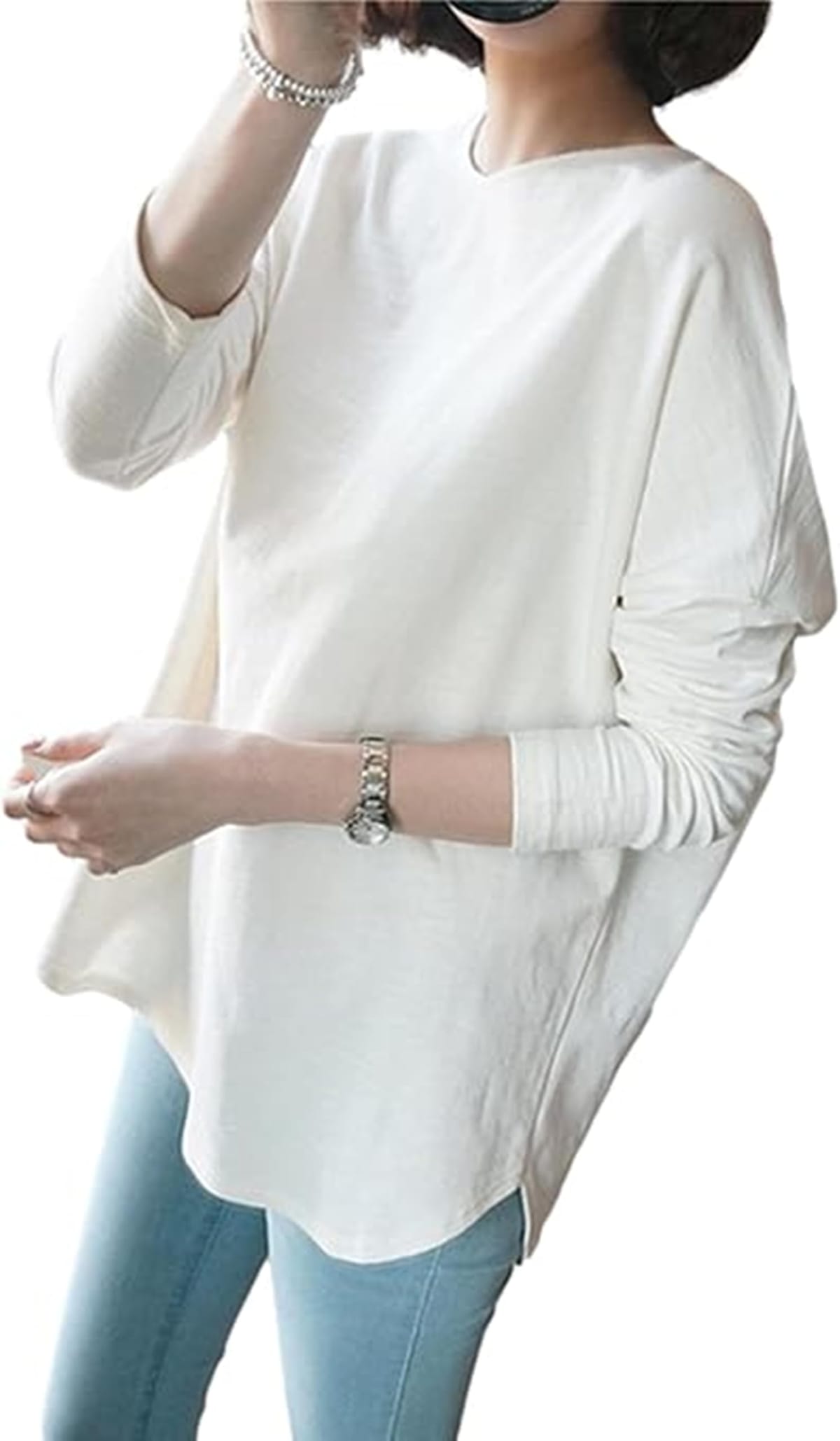 [SLOW＆MELLOW] ロングスリーブ Tシャツ カットソー レディース クルーネック ラウンドカット 丸首 シンプル 無地 カジュアル 長袖 ロンT ゆったり 着回し 2カラー