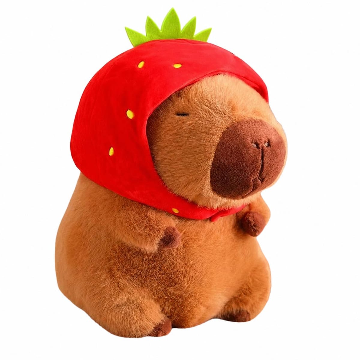 ころんとした姿に思わず抱きしめたくなるカピバラ ぬいぐるみ 。デスクやベッドに置けば、ふと目に入るたびに気持ちがほぐれる癒しの存在になります。毎日の空間にそっと寄り添う愛らしい人形です。着せ替えを楽しめるデザインで、甘い雰囲気のイチゴ 帽子タイプと、のんびり感あふれるカメのリュックタイプの2種類をご用意。並べて飾れば世界観が広がり、ぬい活や写真撮影もさらに楽しくなります。ふわっとした手触りと抱えやすいサイズ感で、ソファに置いたり一緒にお出かけしたりと楽しみ方はいろいろ。思わず写真を撮りたくなる見た目で、毎日の暮らしに小さな癒しを届けます。プレゼントとして箱を開けた瞬間、思わず笑顔がこぼれる愛らしさ。動物モチーフが好きな方への贈り物や、自分用のインテリアとしても映えるデザインで、部屋にやさしい存在感をプラスします。サイズ：幅約17cm×奥行13cm×高さ約22cm バリエーション：イチゴの帽子タイプ、カメのリュックタイプ ころんとした姿に思わず抱きしめたくなるカピバラ ぬいぐるみ 。デスクやベッドに置けば、ふと目に入るたびに気持ちがほぐれる癒しの存在になります。毎日の空間にそっと寄り添う愛らしい人形です。 着せ替えを楽しめるデザインで、甘い雰囲気のイチゴ 帽子タイプと、のんびり感あふれるカメのリュックタイプの2種類をご用意。並べて飾れば世界観が広がり、ぬい活や写真撮影もさらに楽しくなります。 ふわっとした手触りと抱えやすいサイズ感で、ソファに置いたり一緒にお出かけしたりと楽しみ方はいろいろ。思わず写真を撮りたくなる見た目で、毎日の暮らしに小さな癒しを届けます。 プレゼントとして箱を開けた瞬間、思わず笑顔がこぼれる愛らしさ。動物モチーフが好きな方への贈り物や、自分用のインテリアとしても映えるデザインで、部屋にやさしい存在感をプラスします。 サイズ：幅約17cm×奥行13cm×高さ約22cm バリエーション：イチゴの帽子タイプ、カメのリュックタイプ