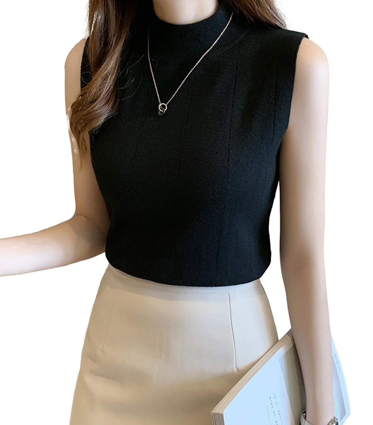 [AuraFille] トップス ニット ハイネック タイト フリー サイズ 白 黒 グリーン プルオーバー ノースリーブ レディース