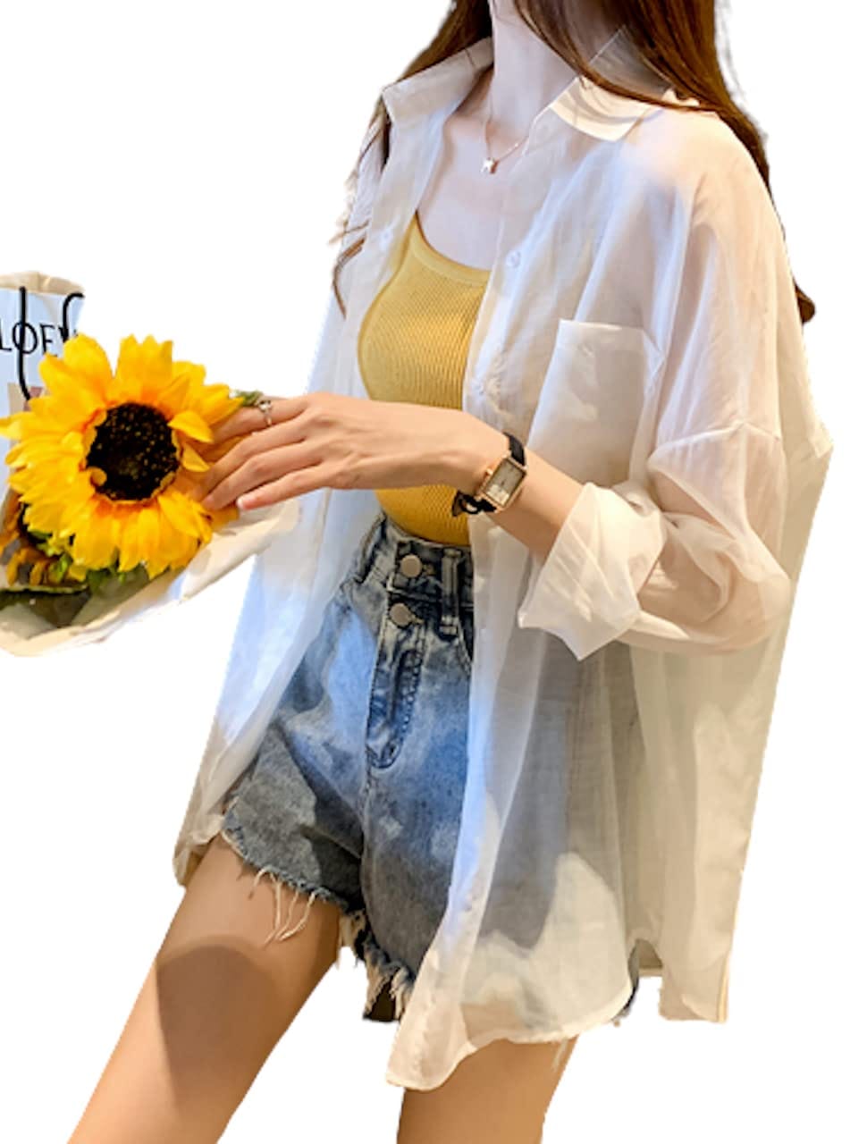 [Lezalic] シャツ シースルー 長袖 (ホワイト_2XL) レディース カーディガン ゆったりシルエット 無地 シフォンシャツ トップス (ホワイト_2XL)(4)