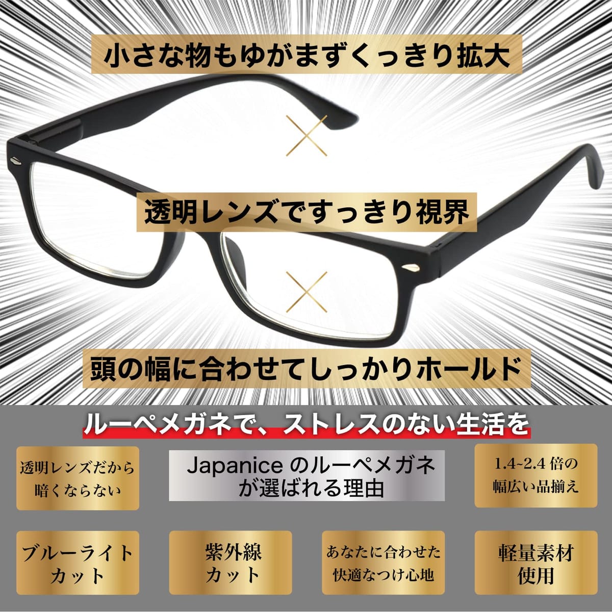 (ジャパナイス)JapaNice ルーペメガネ 両手が使える 拡大鏡 2.4倍 メガネ型 グラス 5点セット ‎BO025-20 (2.4倍 ブラックフレーム ブルーライトカットレンズ)