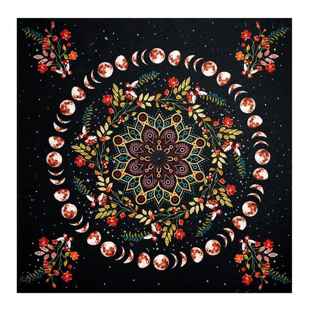 タロットマットには、曼荼羅調の花月のデザインが施されています。普段使いにぴったりで、実用性を重視しています。正方形で、据わりが良く、使いやすさも特長です。お部屋のインテリアに華やかさを加える一品です。タペストリー、タロットクロス、ホーリーク...