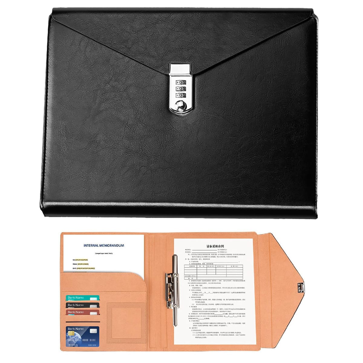 CAWKAY クリップボード バインダー 鍵付き ダイヤル式 二つ折り 重要書類 名刺入れ 書類収納ケース ビジネス オフィス 会議用