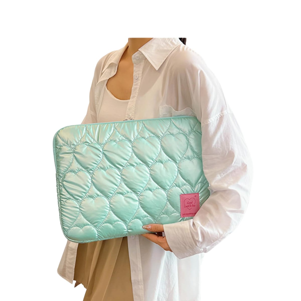 Sunny Glow パソコンケース ハート柄 韓国風デザイン タブレット ノートPC iPad 収納対応 レディース おしゃれ (15インチ、グリーン)