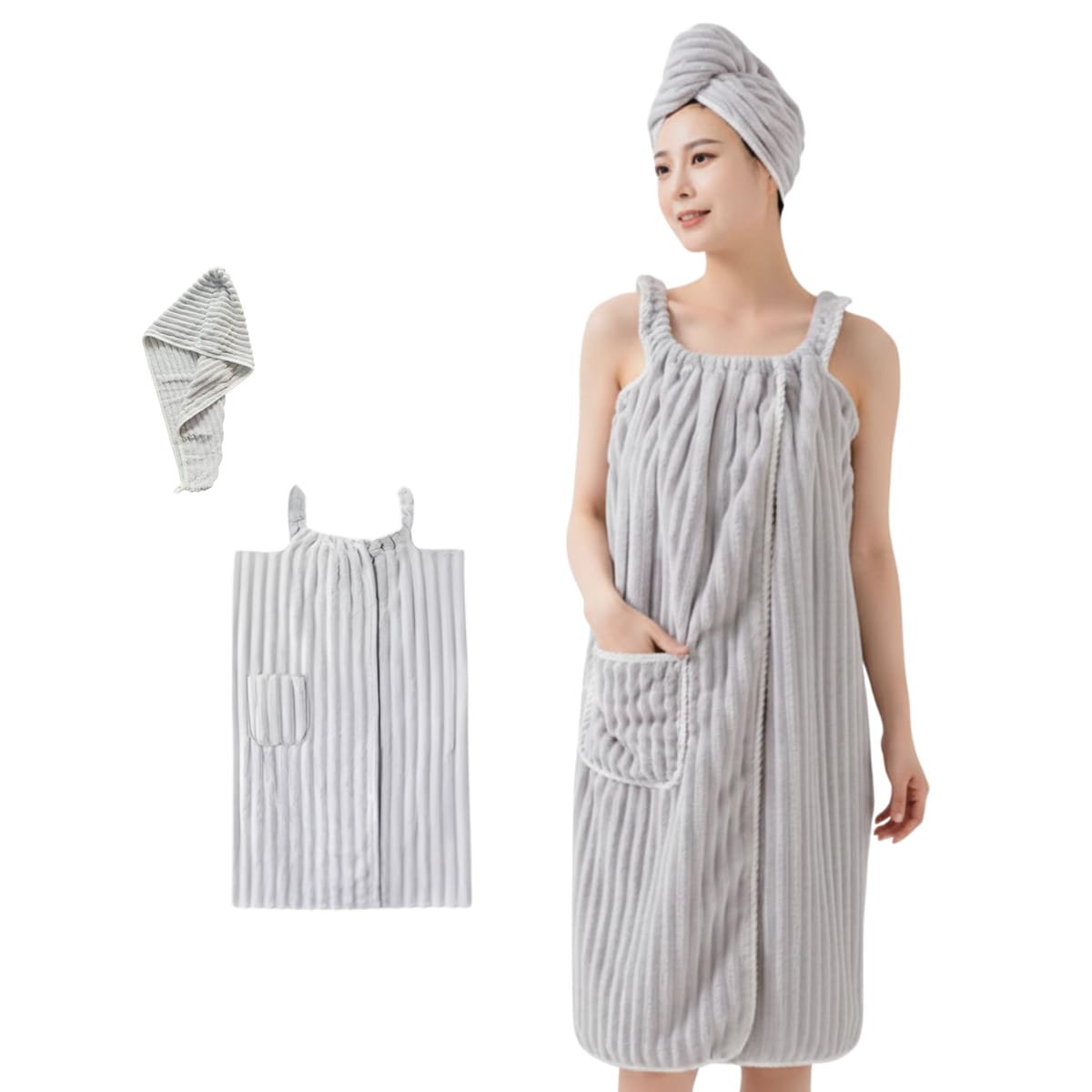 Golspia バスローブ レディース 着るタオル 大人 女性 お風呂上がり 給水 速乾 タオルキャップ 付き