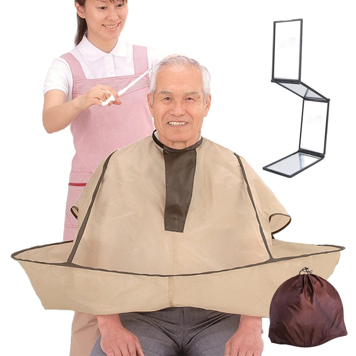 [Alpha Depot] 散髪用ケープ 四面鏡と収納袋付き 自宅用カットケープ セルフ散髪 セルフカット ヘアカット 大人用 後頭部