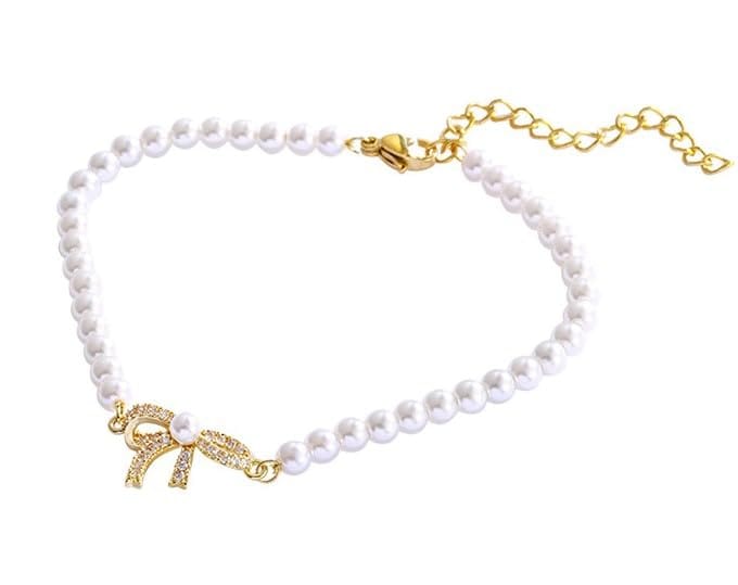 パール ブレスレット リボン ゴールド 細め 可愛い ホワイトパール ワンポイント お洒落 レディース 人気 お洒落