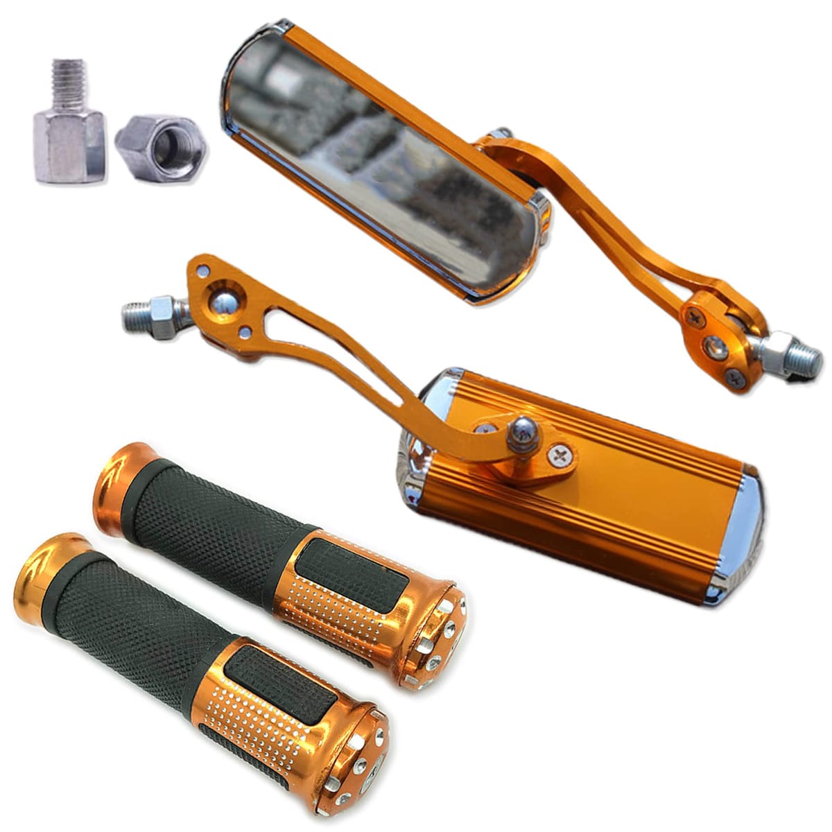 Meliore アルミ ミラー グリップ 左右 セット バイク カスタム スクエア 正ネジ 10mm アダプター ネジ 8mm 付属 メッキ 汎用 ホンダ スズキ カワサキ ドレスアップ パーツ 社外品