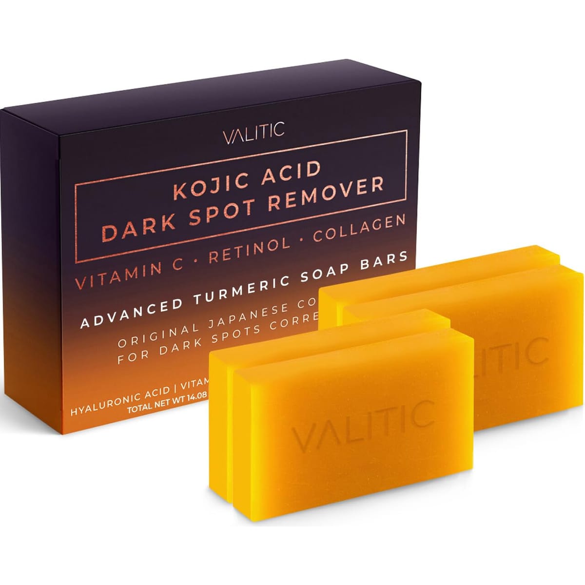 VALITIC Kojic Acid Dark Spot Remover Soap Bars with Vitamin C, Retinol, Collagen, Turmeric - Original Japanese Complex Infused