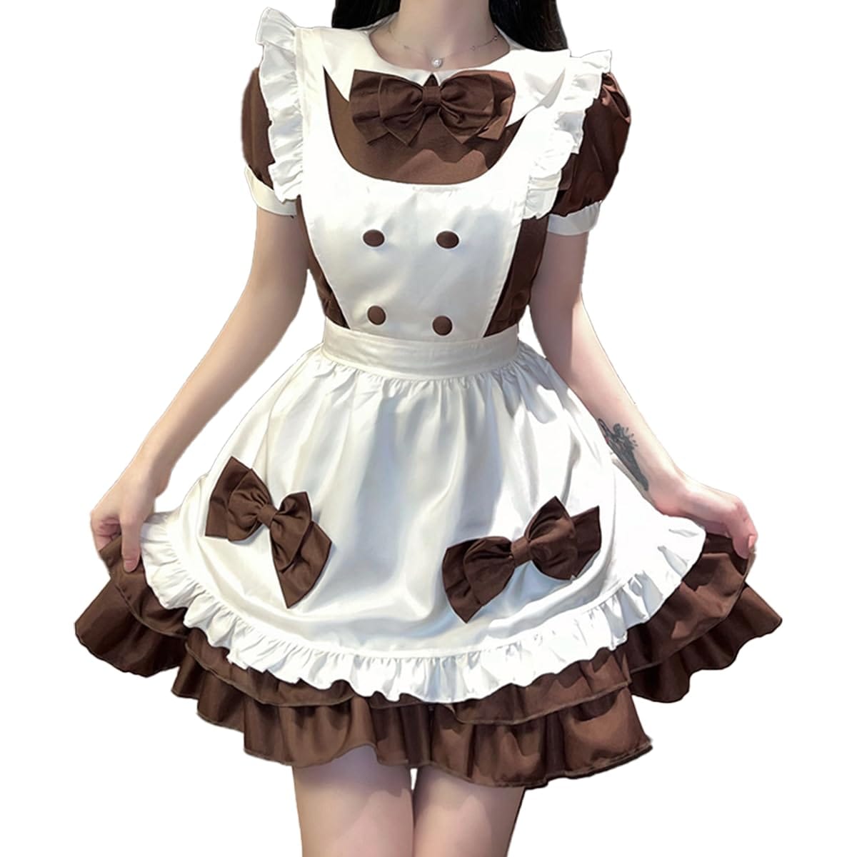 [mewin] バレンタイン コスプレ ブラウン リボン メイド服 カチューシャ付き チョコレート ドレス