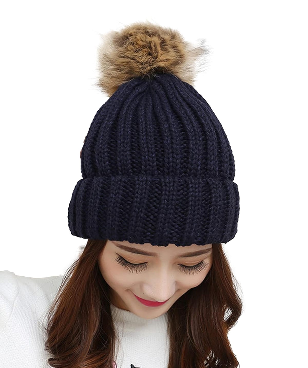 [SLOW＆MELLOW] ニット キャップ ボンボン ニット帽 シンプル カジュアル ポンポン 防寒対策 帽子 ケーブル 編み 5カラー