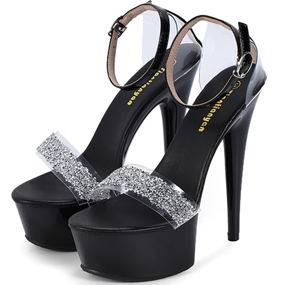 キッソス（KISSOS） ハイヒール レディース ピンヒール オープントゥ サンダル パンプス キャバヒール キラキラ アンクルストラップ ブラック