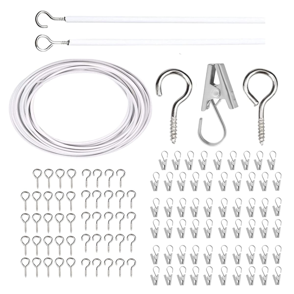 すぐに使えるフルセット: ワイヤー式のカーテンレール（カーテンワイヤー）10mとネジとカーテンフックが各25個ずつ、そして60個のカーテンクリップ（カーテンランナー）が付属したフルセットで、購入後すぐに壁付けや天井付けが可能。初めてのDIYでも安心して取り組めます。カーテン・レールはカット自由自在: ワイヤーロープは必要な長さに簡単にカットでき、窓やスペースにぴったりフィット。自分好みのレイアウトでカーテンや間仕切りを設置できます。多用途で便利: カーテン以外にも、写真やポストカード、ドライフラワーなどを飾るワイヤーとしても使えるので、インテリアを個性的に演出できます。取り付け簡単: 工具不要で、付属のネジとフックを使って簡単に取り付け可能。誰でも手軽に部屋の模様替えやアレンジが楽しめます。耐久性抜群: ワニ型クリップはしっかりとグリップし、長期間使用しても劣化しにくいステンレス製。大切な布や写真を安全に固定できます。 すぐに使えるフルセット: ワイヤー式のカーテンレール（カーテンワイヤー）10mとネジとカーテンフックが各25個ずつ、そして60個のカーテンクリップ（カーテンランナー）が付属したフルセットで、購入後すぐに壁付けや天井付けが可能。初めてのDIYでも安心して取り組めます。 カーテン・レールはカット自由自在: ワイヤーロープは必要な長さに簡単にカットでき、窓やスペースにぴったりフィット。自分好みのレイアウトでカーテンや間仕切りを設置できます。 多用途で便利: カーテン以外にも、写真やポストカード、ドライフラワーなどを飾るワイヤーとしても使えるので、インテリアを個性的に演出できます。 取り付け簡単: 工具不要で、付属のネジとフックを使って簡単に取り付け可能。誰でも手軽に部屋の模様替えやアレンジが楽しめます。 耐久性抜群: ワニ型クリップはしっかりとグリップし、長期間使用しても劣化しにくいステンレス製。大切な布や写真を安全に固定できます。