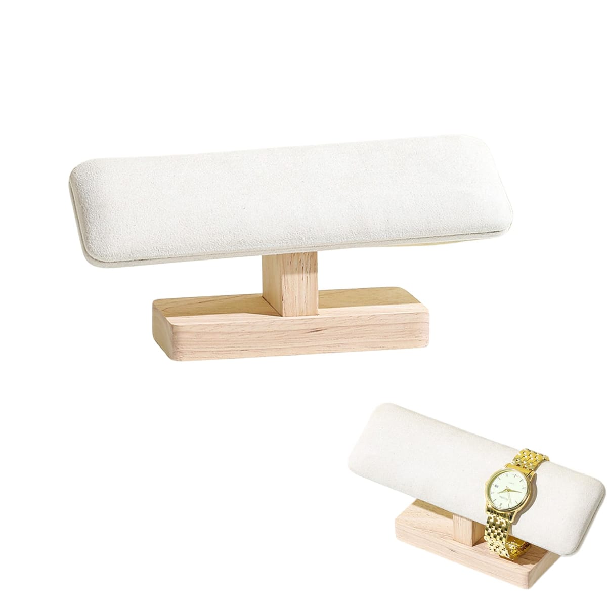 【時計の傷や汚れを防ぐ】大切な時計をすぐに安置できる専用スタンドで、使用後の時計の傷や汚れを防ぎます。クッション付きのスエード張り台座が時計を守り、安心して保管できます。【収納と展示を両立】腕時計を引っ掛けるだけで簡単にセットでき、収納力も十分。2本掛けの設計で最大4本まで収納可能で、複数の時計を一度に保護しながら美しく展示できます。滑り止め機能付きで、時計がずれる心配もありません。【高級感のあるデザイン】天然の木目を活かしたマボガニー仕上げで、高級感を漂わせます。まるで高級時計店のショーケースのように、ウォッチスタンドがあなたの時計を引き立て、見せる収納としての美しさも兼ね備えています。【置時計としての活用】文字盤が見やすく配置されているため、腕時計をデスクに置いても、置時計として活用することができます。日常使いに便利で、デスク上やナイトテーブルなどに設置すれば、時計を手元で確認しやすくなり、機能性もアップします。【商品詳細】サイズ：20cm × 8.5cm × 6.5cm　カラー：グレー、ベージュ、グリーン、ブラック 【時計の傷や汚れを防ぐ】大切な時計をすぐに安置できる専用スタンドで、使用後の時計の傷や汚れを防ぎます。クッション付きのスエード張り台座が時計を守り、安心して保管できます。 【収納と展示を両立】腕時計を引っ掛けるだけで簡単にセットでき、収納力も十分。2本掛けの設計で最大4本まで収納可能で、複数の時計を一度に保護しながら美しく展示できます。滑り止め機能付きで、時計がずれる心配もありません。 【高級感のあるデザイン】天然の木目を活かしたマボガニー仕上げで、高級感を漂わせます。まるで高級時計店のショーケースのように、ウォッチスタンドがあなたの時計を引き立て、見せる収納としての美しさも兼ね備えています。 【置時計としての活用】文字盤が見やすく配置されているため、腕時計をデスクに置いても、置時計として活用することができます。日常使いに便利で、デスク上やナイトテーブルなどに設置すれば、時計を手元で確認しやすくなり、機能性もアップします。 【商品詳細】サイズ：20cm × 8.5cm × 6.5cm　カラー：グレー、ベージュ、グリーン、ブラック