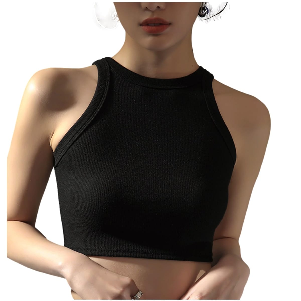 [G-tiamo] [ジーティアモ] ショート丈 へそ出し ノースリーブ タンクトップ カットソー 伸縮性 リブ インナー レディース トップス