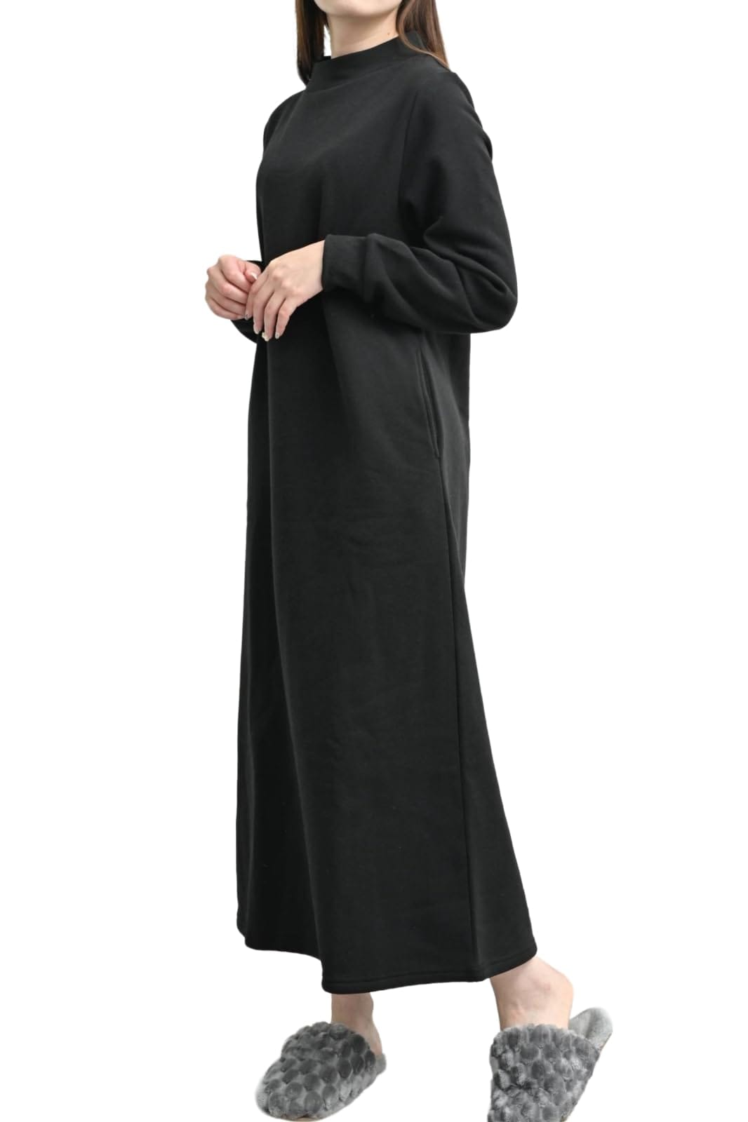 [MORE AUNI] ルームウェア ワンピース レディース 長袖 裏起毛 パジャマ 部屋着 モックネック ハイネック マキシ丈 ロング丈 暖かい カジュアル 8330