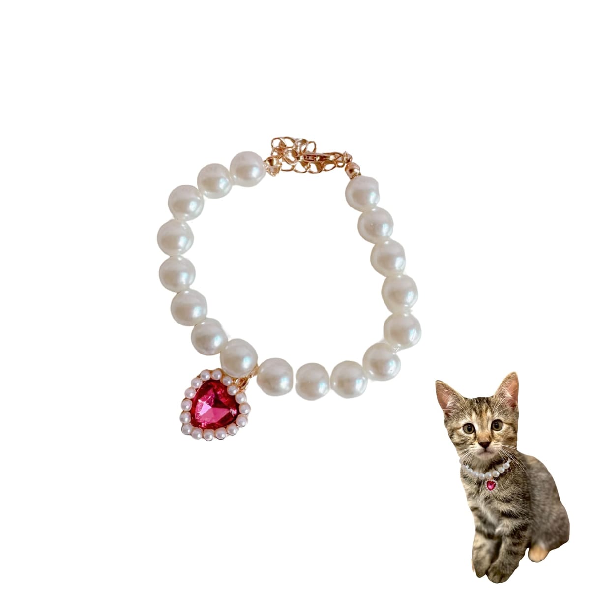 Sunny Glow ペット 首輪 フェイクパール ネックレス 猫 小型犬用 ジュエリー ハート チャーム付き ラインストーン 調節可能 アクセサリー (ピンクS)