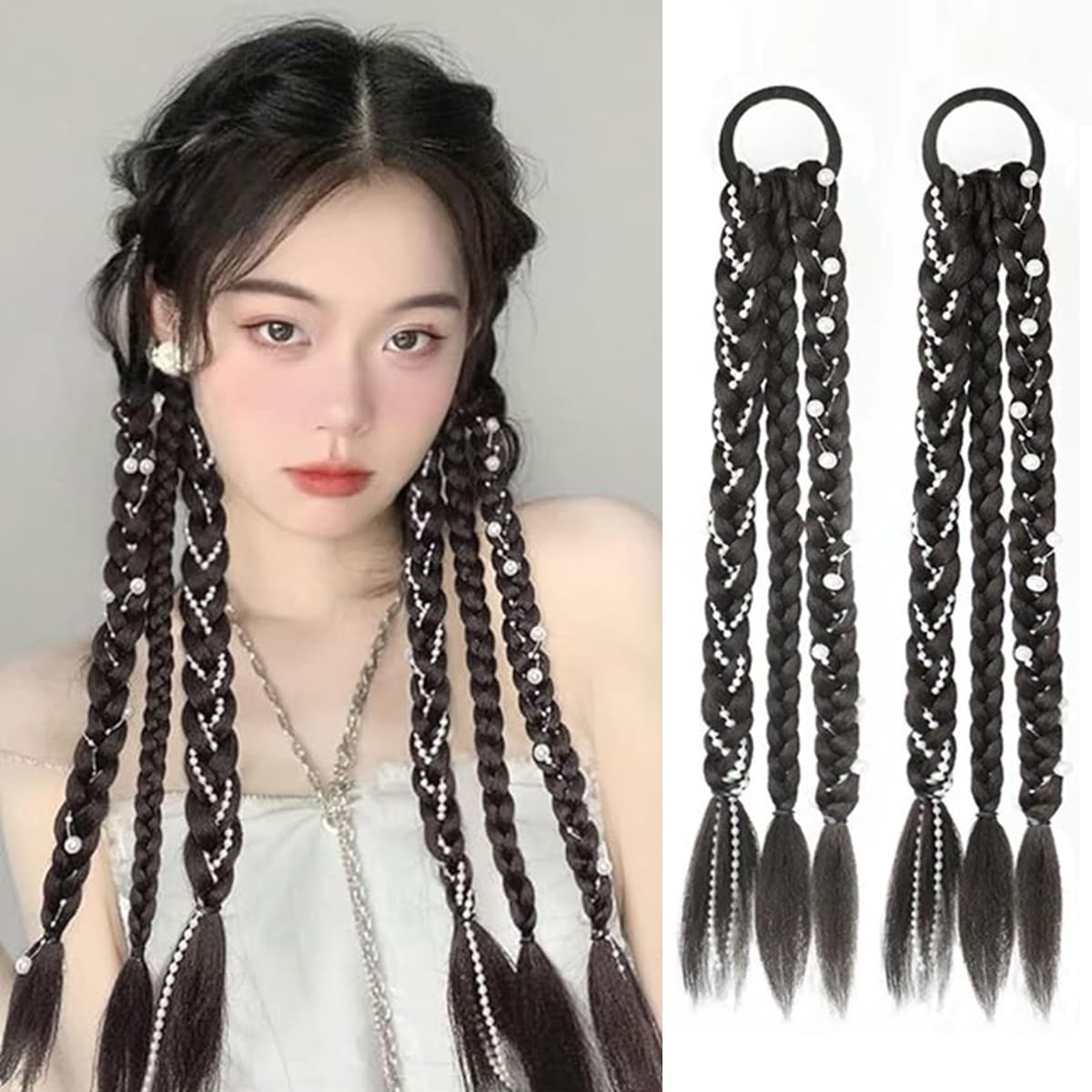 NOELAMOUR ヘアエクステ ウィッグ 三つ編み エクステンション ツインテール キッズ 付け毛