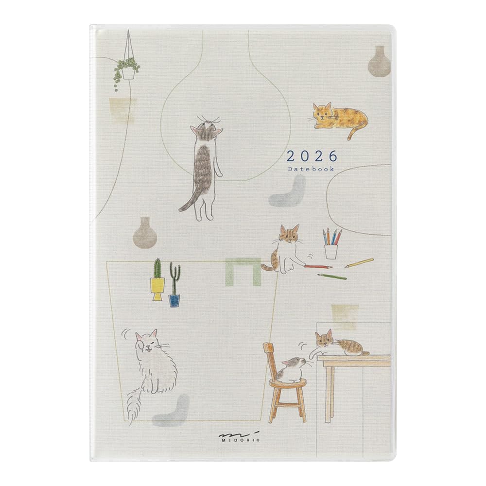 ミドリ ポケットダイアリー 手帳 2026年 B6 ウィークリー ネコ柄 22373006 (2026年1月始まり)